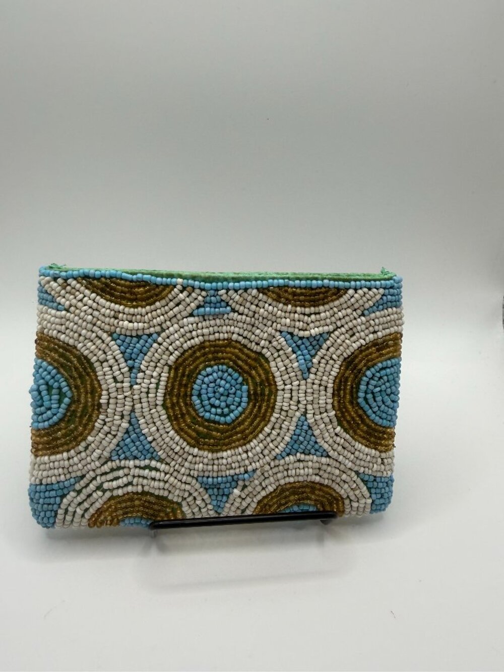 Vintage Beaded Coin Purse Blue White Geometric Seed Bead Zip Pouch